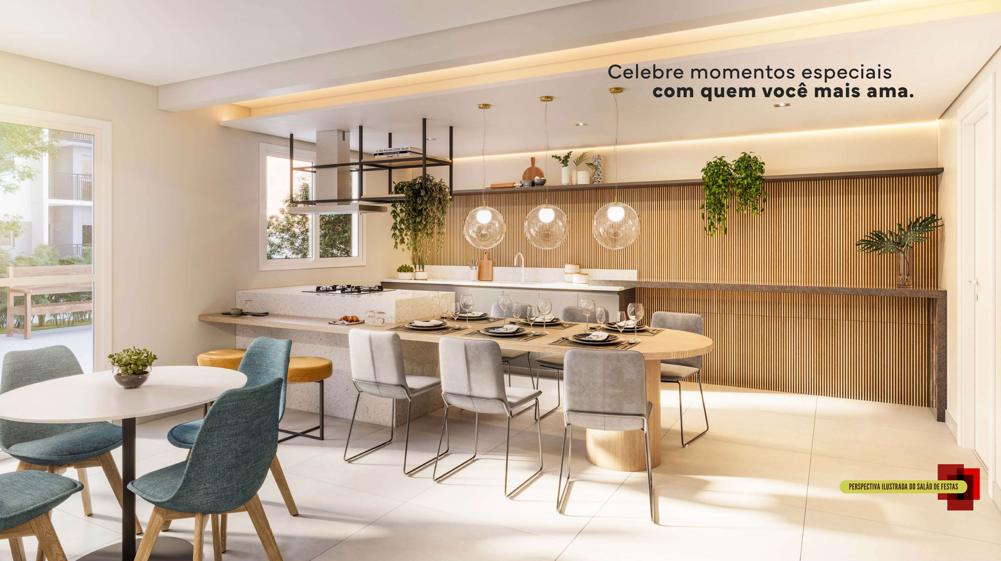 Salão de festa com espaço gourmet